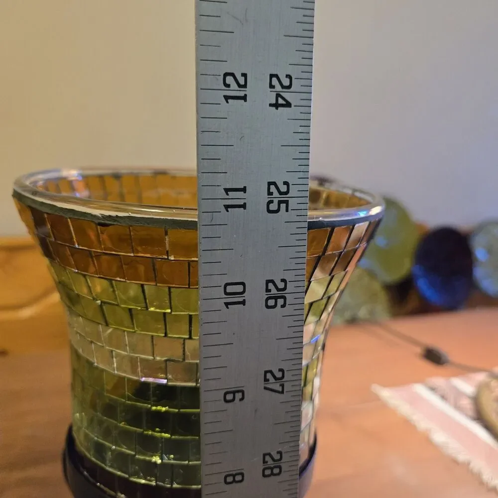 Set Of 2 Partylite Amber Green Mosaic Glass & Iron Global Fusion Candle Holders - Picture 7 of 8